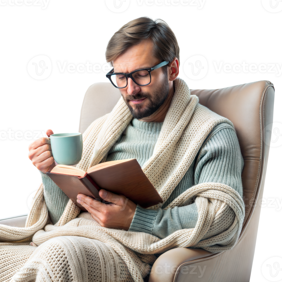 Man reading a book with a cozy blanket and cup of coffee png