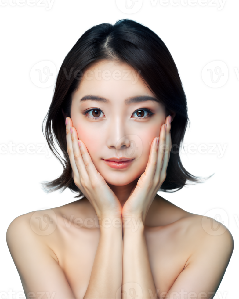 An Asian woman standing with her hands on her face in a contemplative pose png