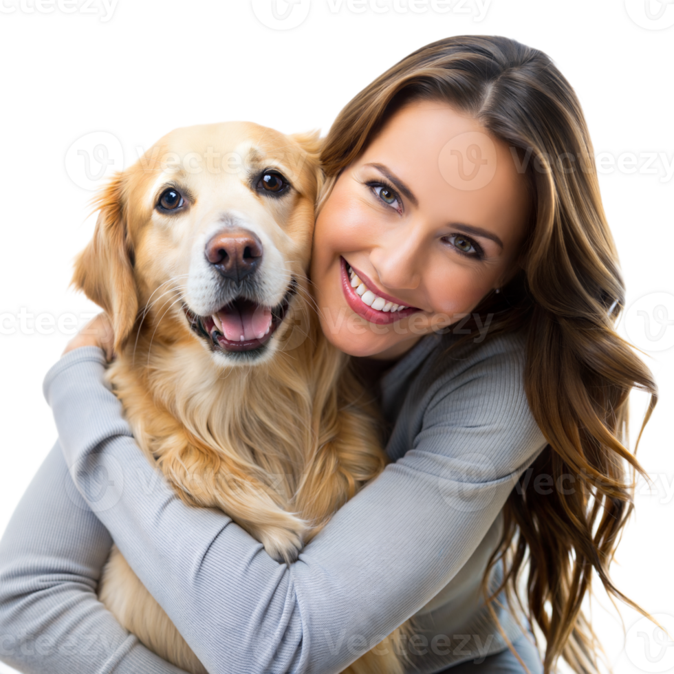 A joyous woman hugs her happy dog with a bright smile png