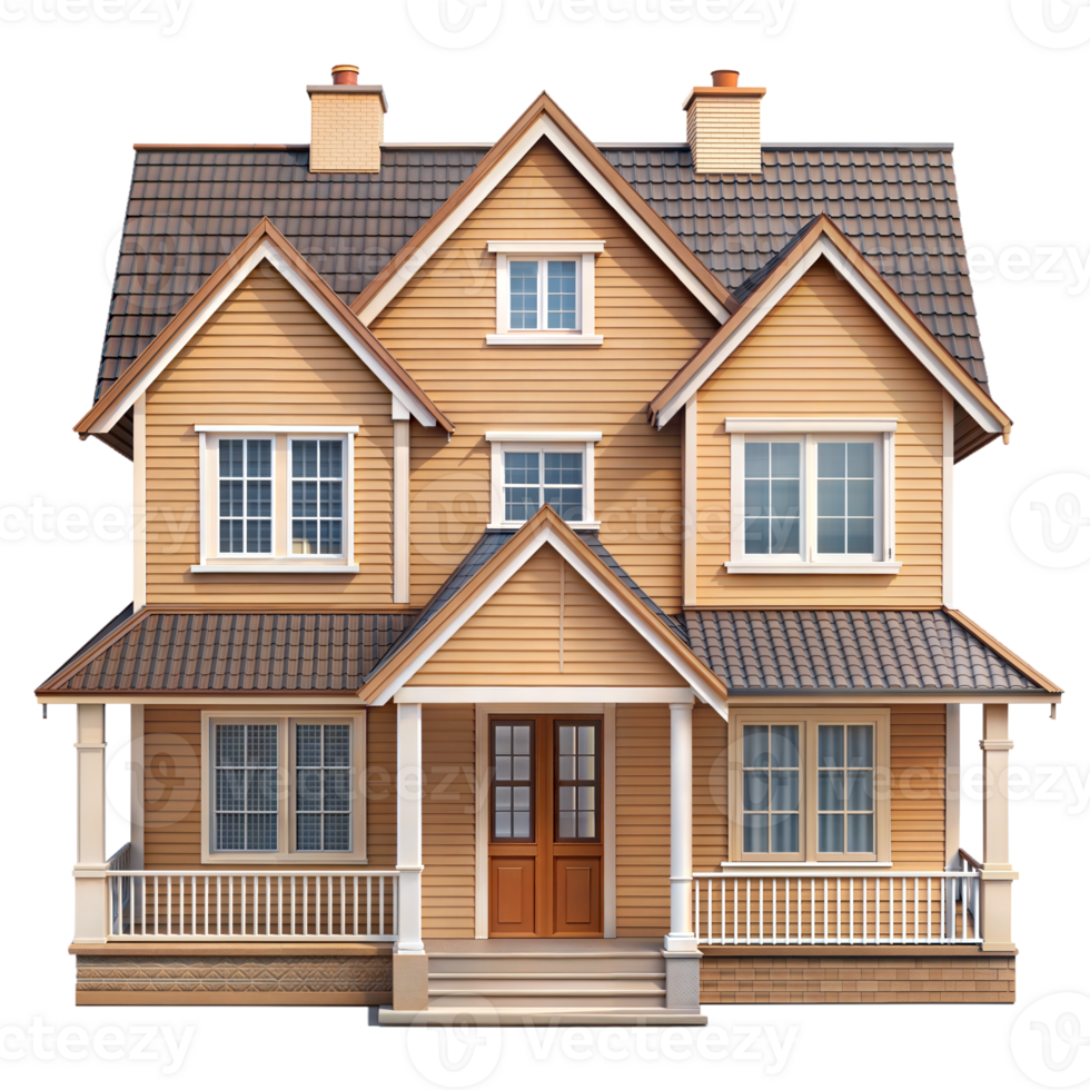 A classic wooden house featuring a gable roof, front porch, and multiple windows png