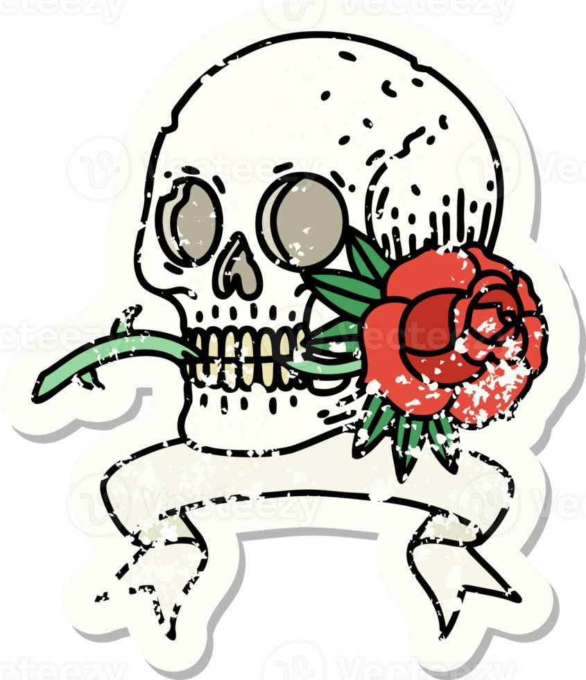 worn old sticker with banner of a skull and rose png