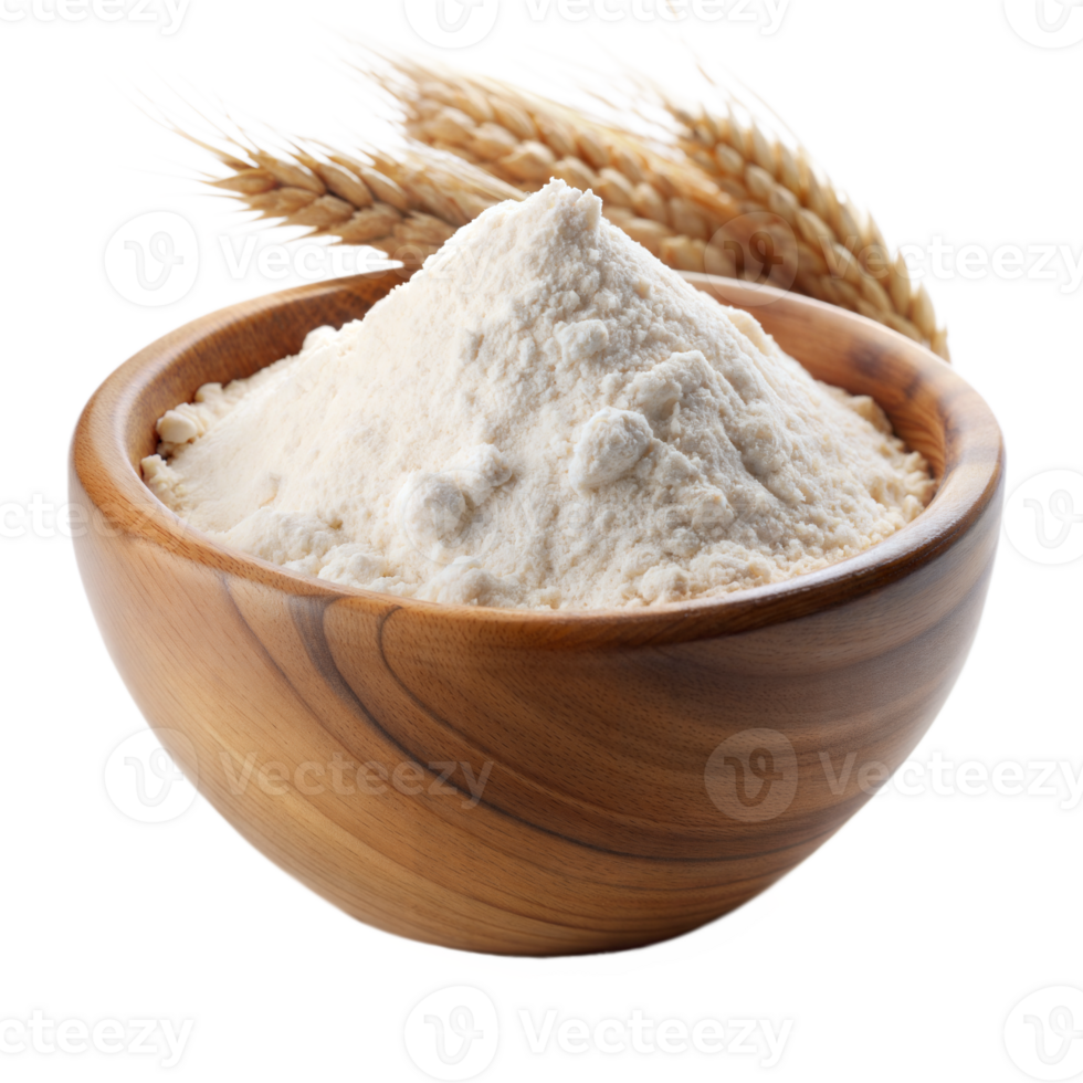 Wooden bowl full of flour with wheat stalks png