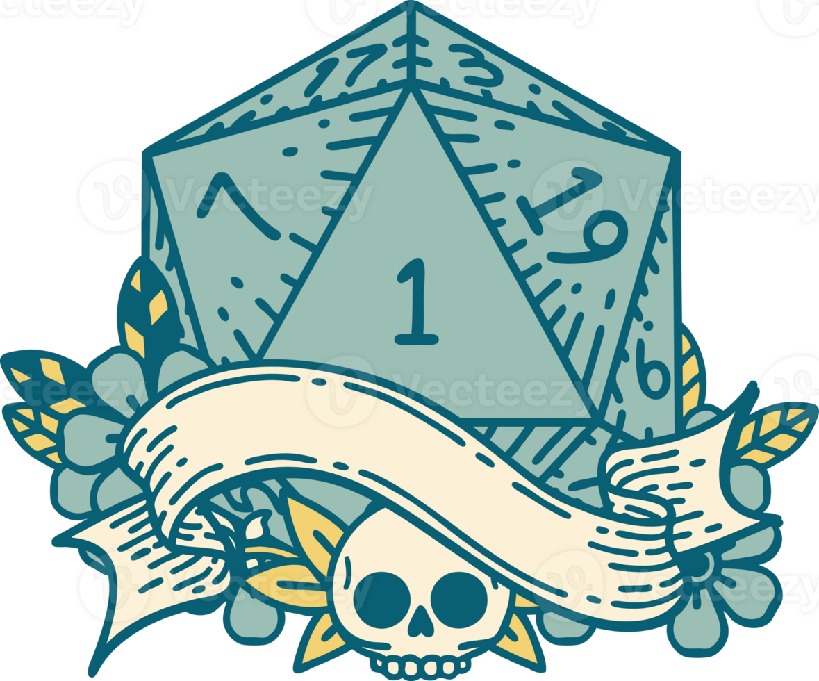 Retro Tattoo Style natural one d20 dice roll png