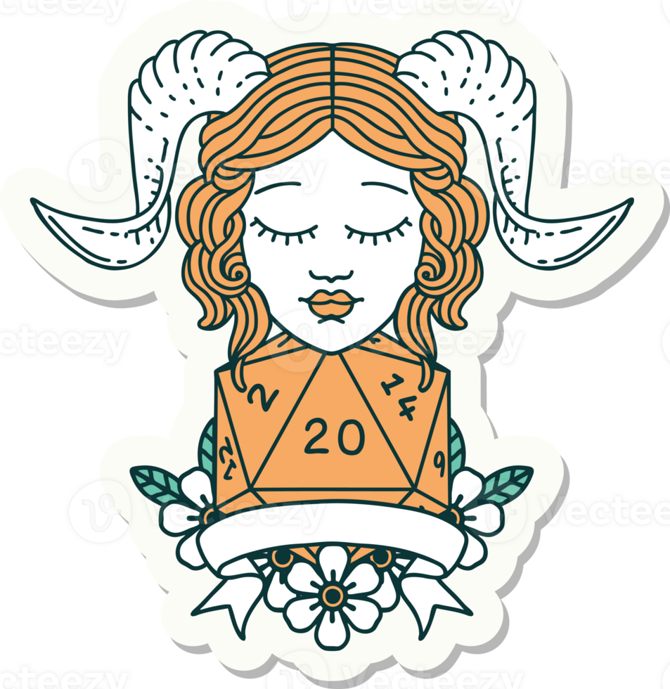 sticker of a tiefling with natural twenty dice roll png