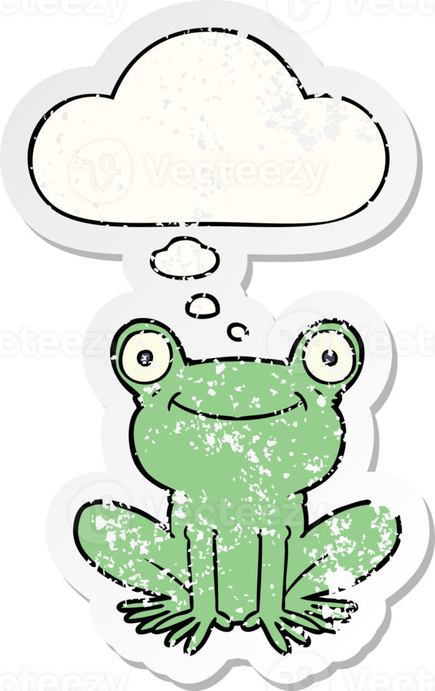 cartoon frog with thought bubble as a distressed worn sticker png