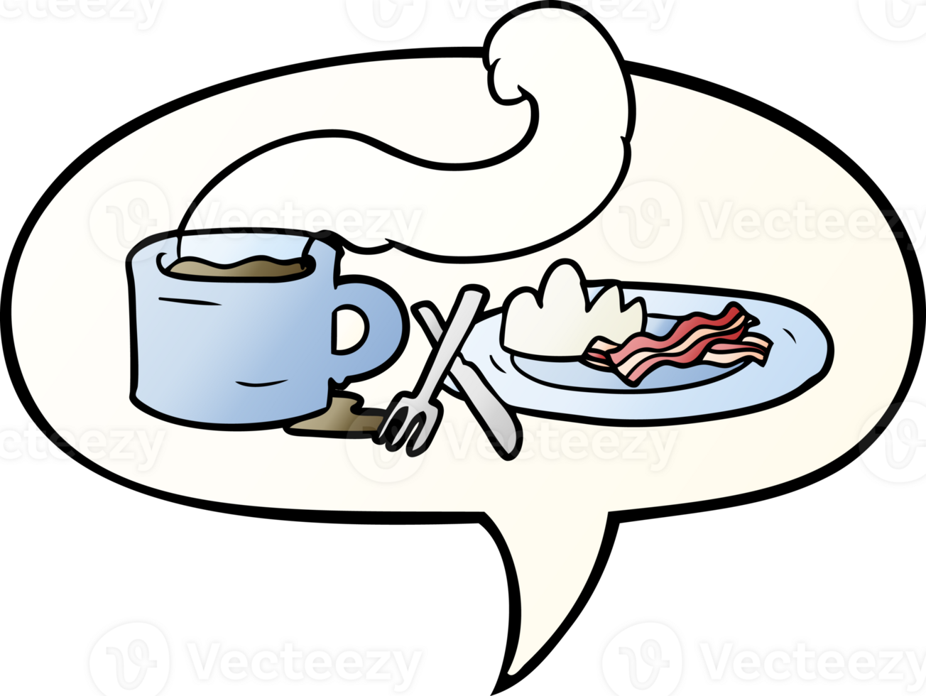 cartoon breakfast of coffee and bacon with speech bubble in smooth gradient style png