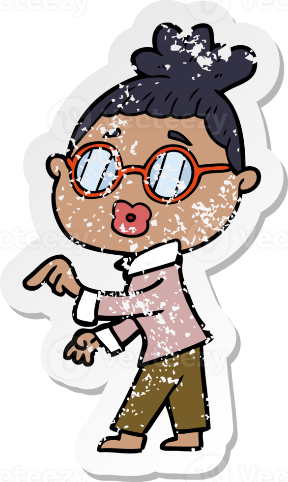 distressed sticker of a cartoon woman wearing spectacles png