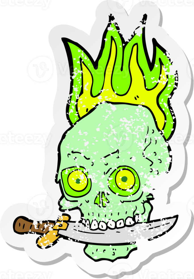 retro distressed sticker of a cartoon pirate skull with knife in teeth png