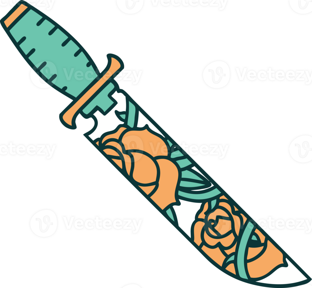 iconic tattoo style image of a dagger and flowers png