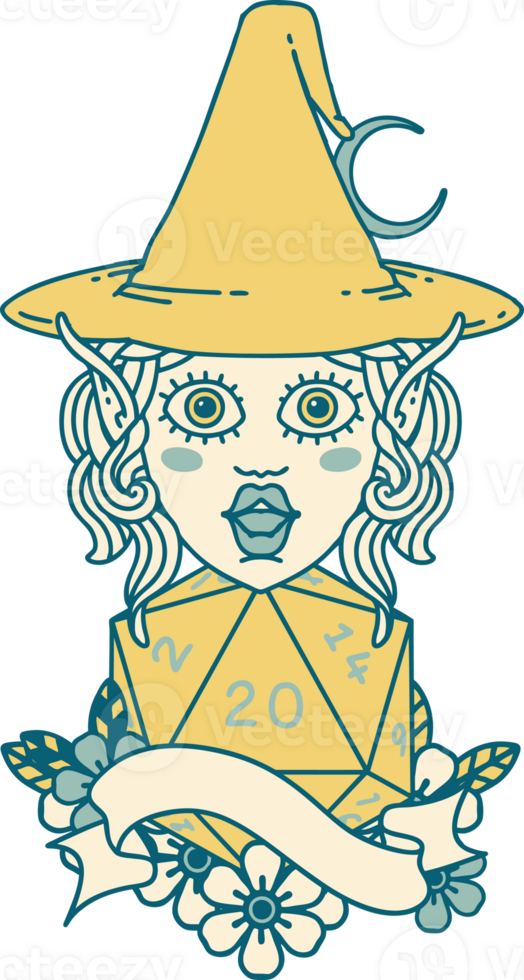 Retro Tattoo Style elf mage character with natural twenty dice roll png