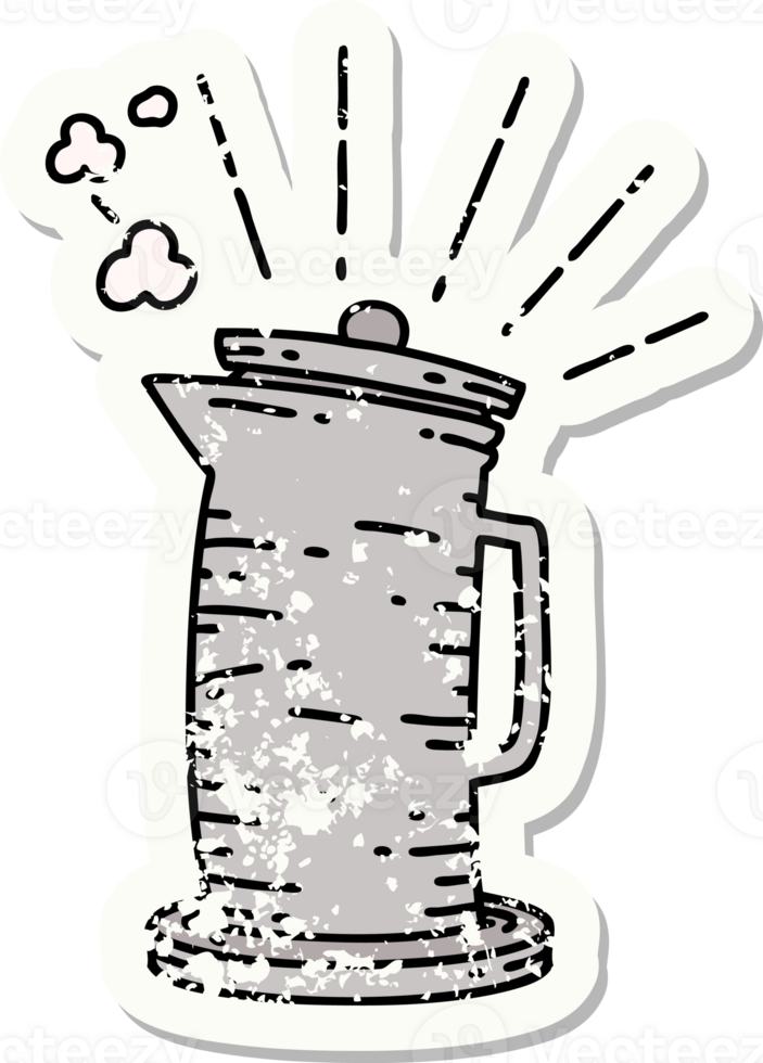 worn old sticker of a tattoo style coffee jug png