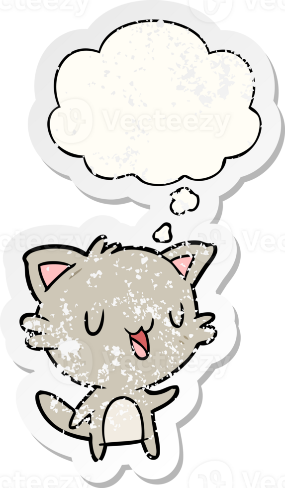 cartoon happy cat with thought bubble as a distressed worn sticker png