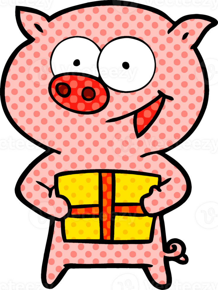 cheerful pig with christmas gift png