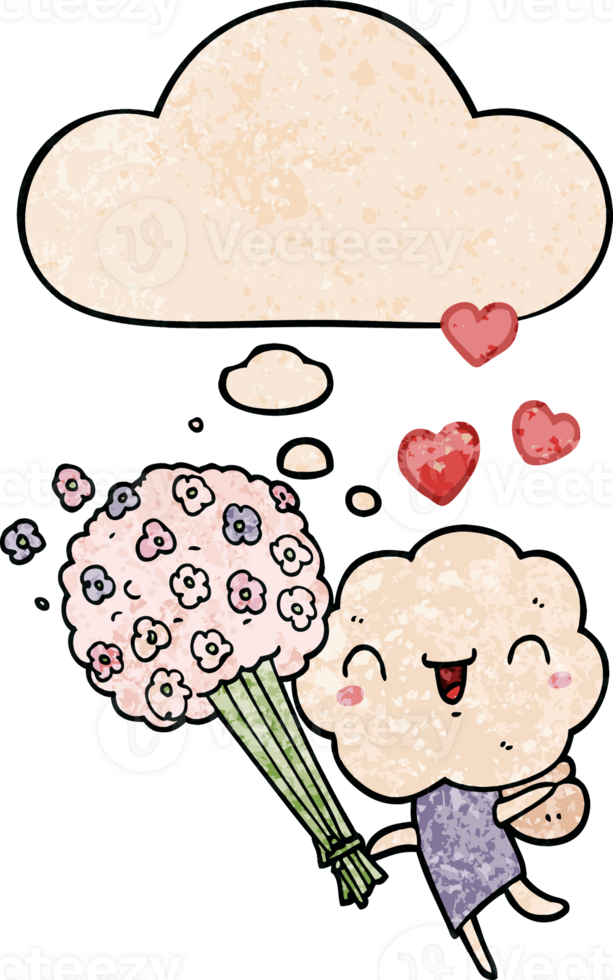 cute cartoon cloud head creature with thought bubble in grunge texture style png
