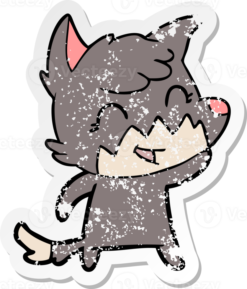distressed sticker of a happy cartoon fox png