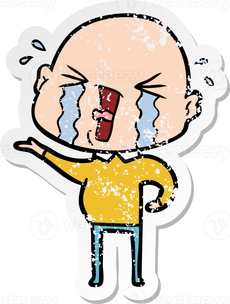 distressed sticker of a cartoon crying bald man png
