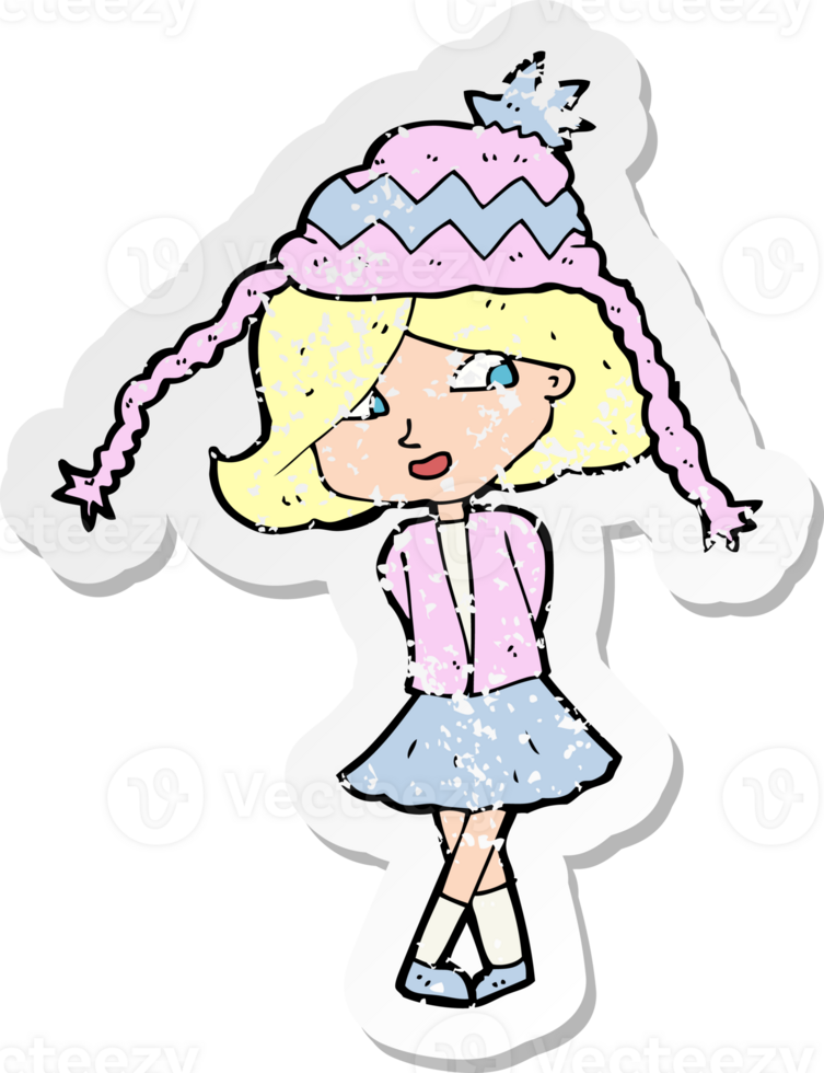 retro distressed sticker of a cartoon happy girl wearing hat png