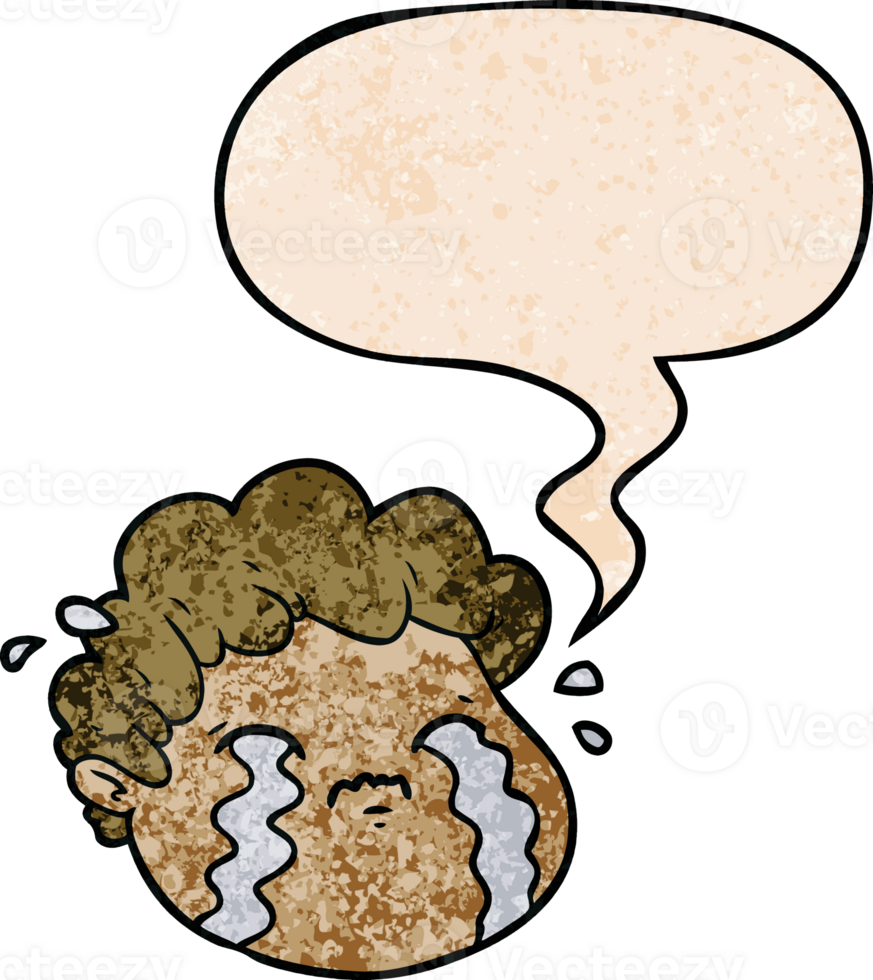 cartoon crying boy with speech bubble in retro texture style png