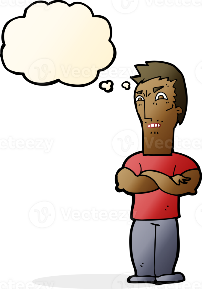 cartoon annoyed man with folded arms with thought bubble png