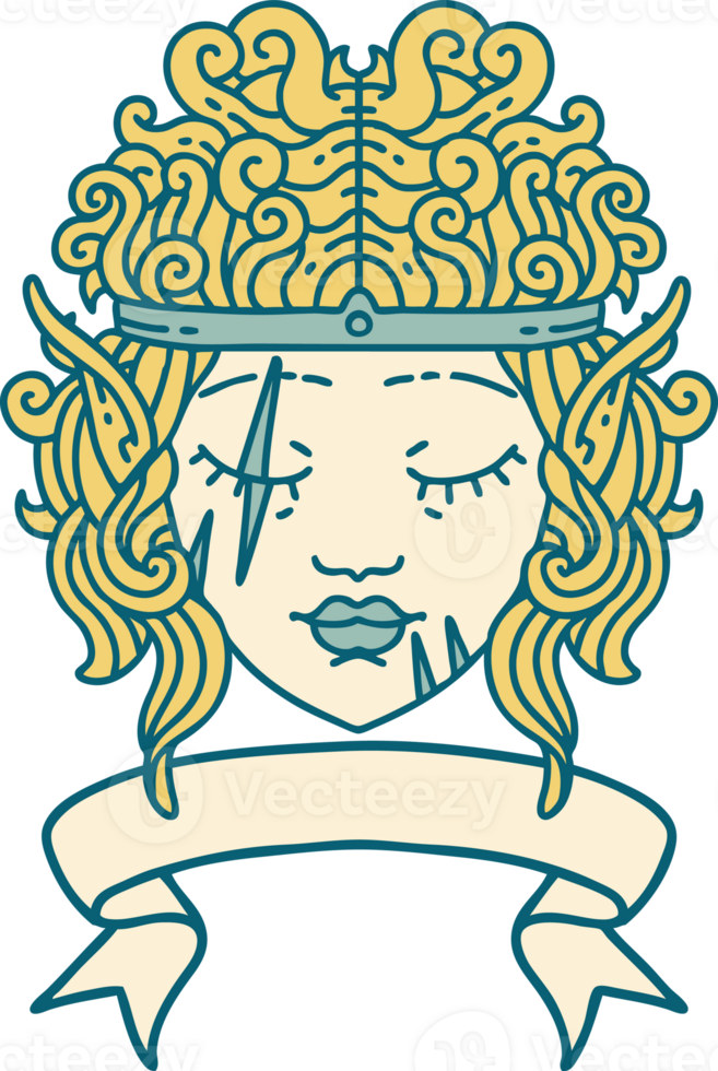 Retro Tattoo Style elf barbarian character face with banner png