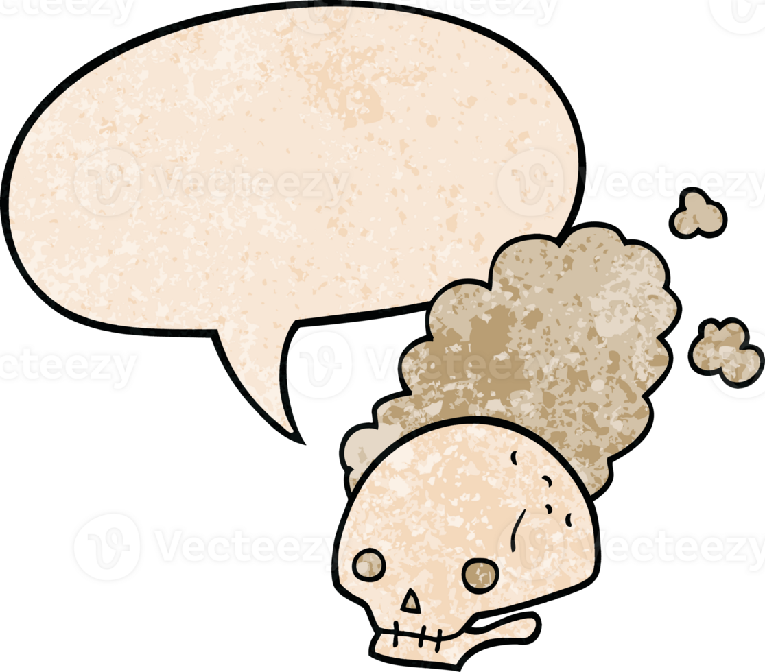 cartoon dusty old skull with speech bubble in retro texture style png