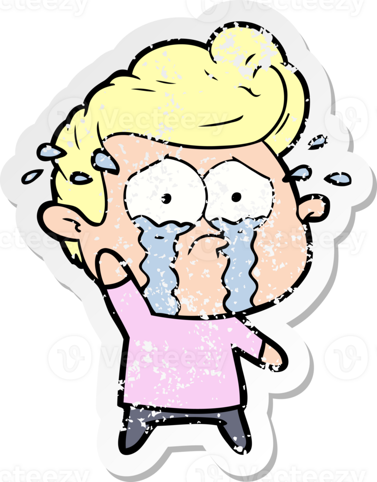 distressed sticker of a cartoon crying man png