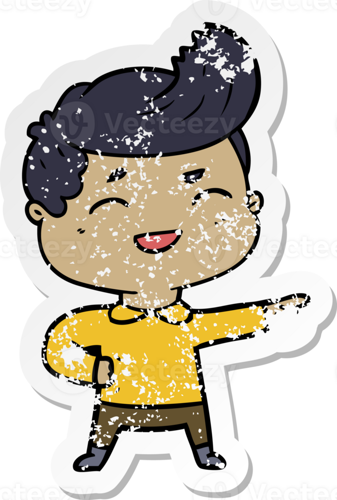 distressed sticker of a cartoon man laughing and pointing png