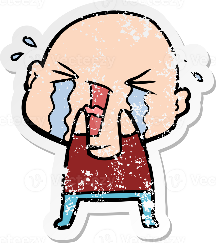 distressed sticker of a cartoon crying bald man png