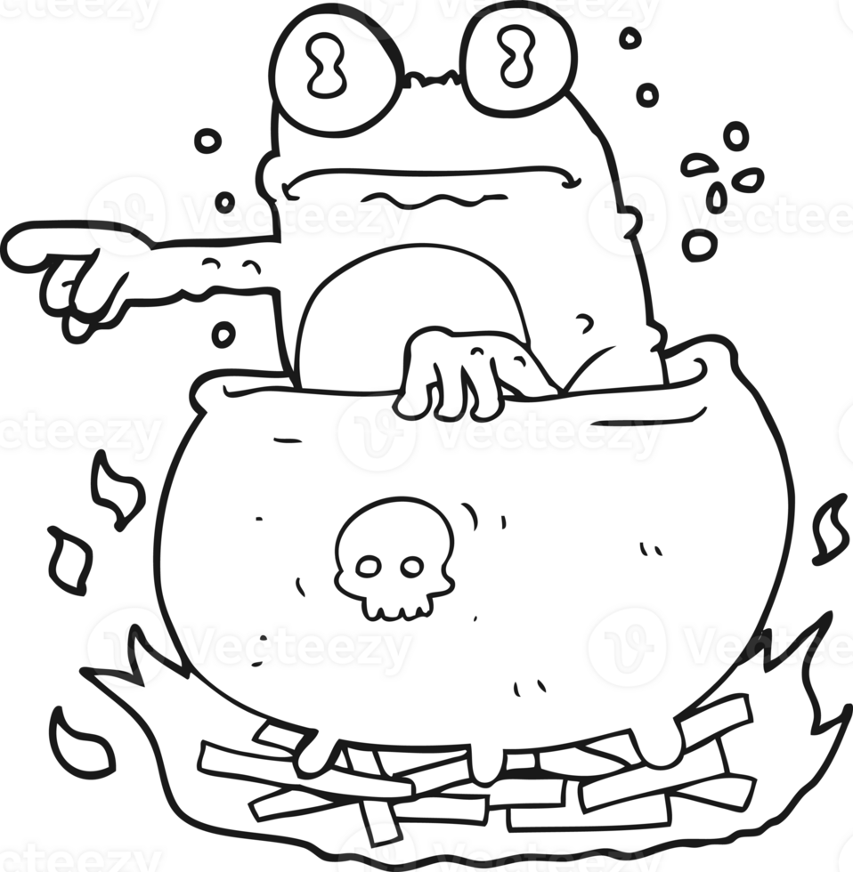 hand drawn black and white cartoon halloween toad in cauldron png