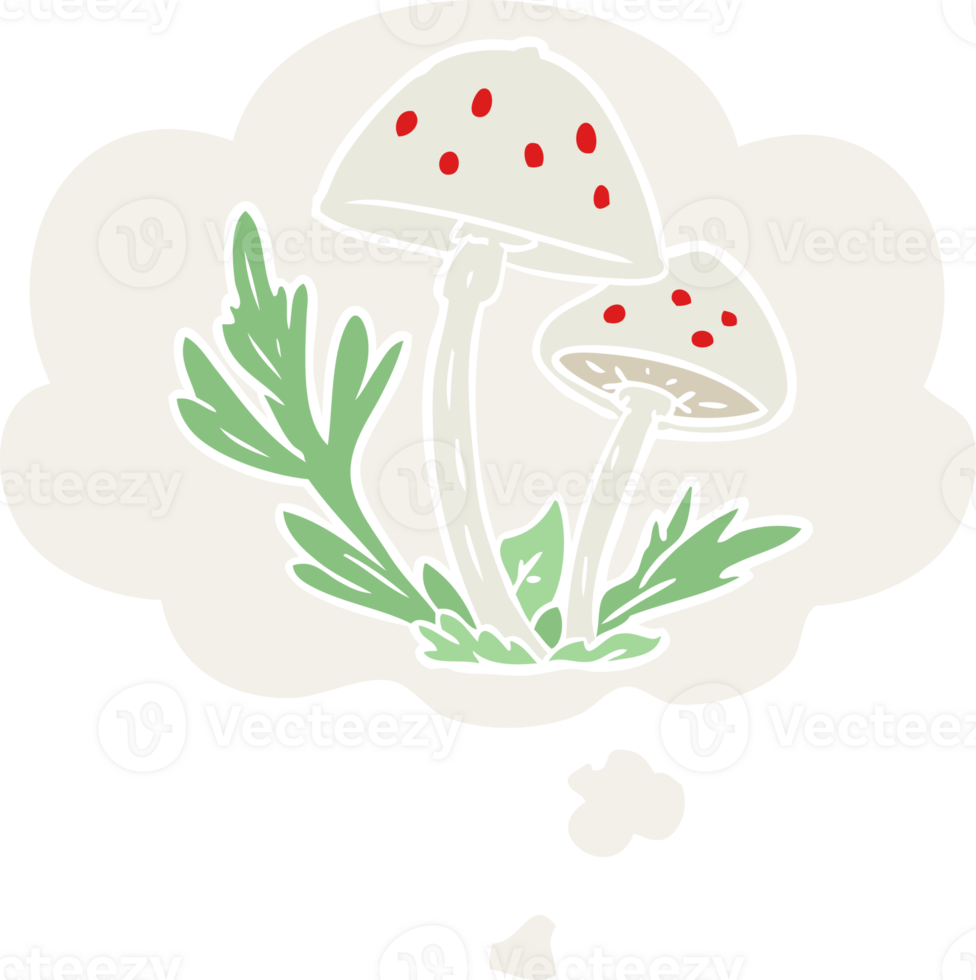 cartoon mushrooms with thought bubble in retro style png
