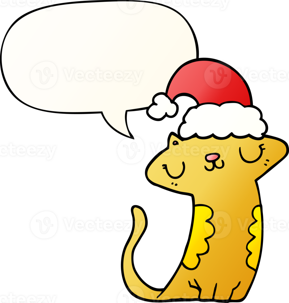 cute cartoon cat wearing christmas hat with speech bubble in smooth gradient style png