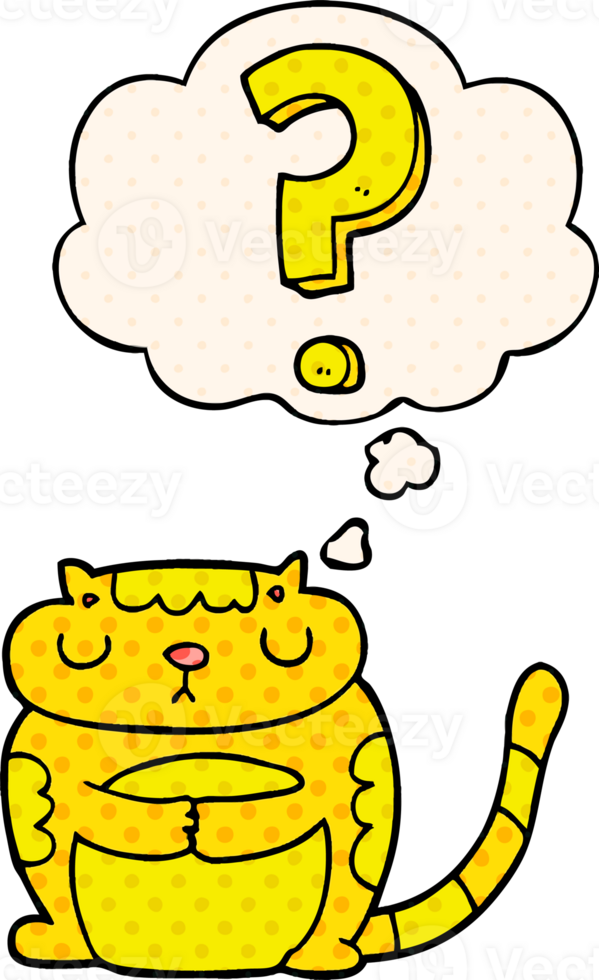 cartoon cat with question mark with thought bubble in comic book style png