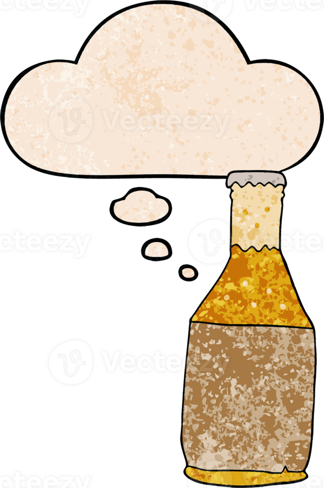 cartoon beer bottle with thought bubble in grunge texture style png