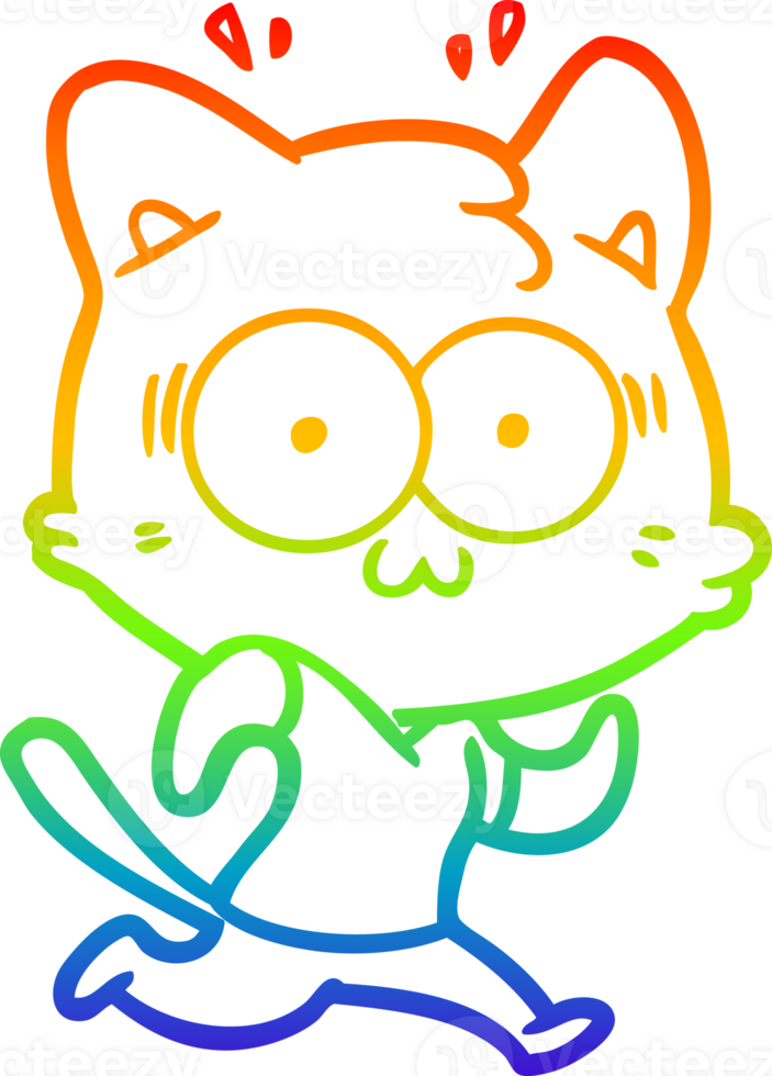 rainbow gradient line drawing of a cartoon surprised cat running png