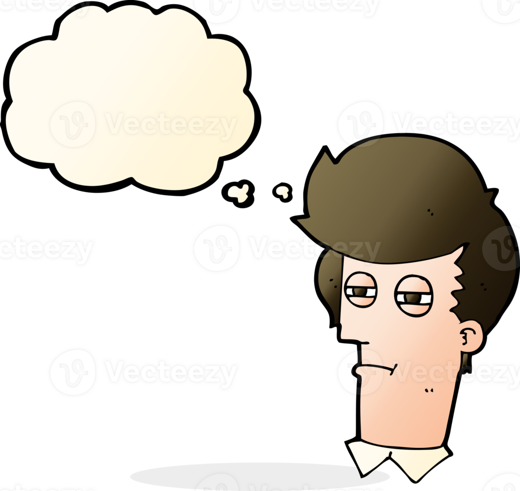 cartoon man with narrowed eyes with thought bubble png