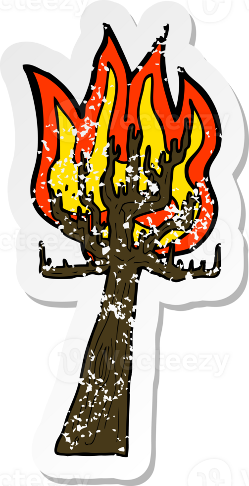 retro distressed sticker of a cartoon tree on fire png