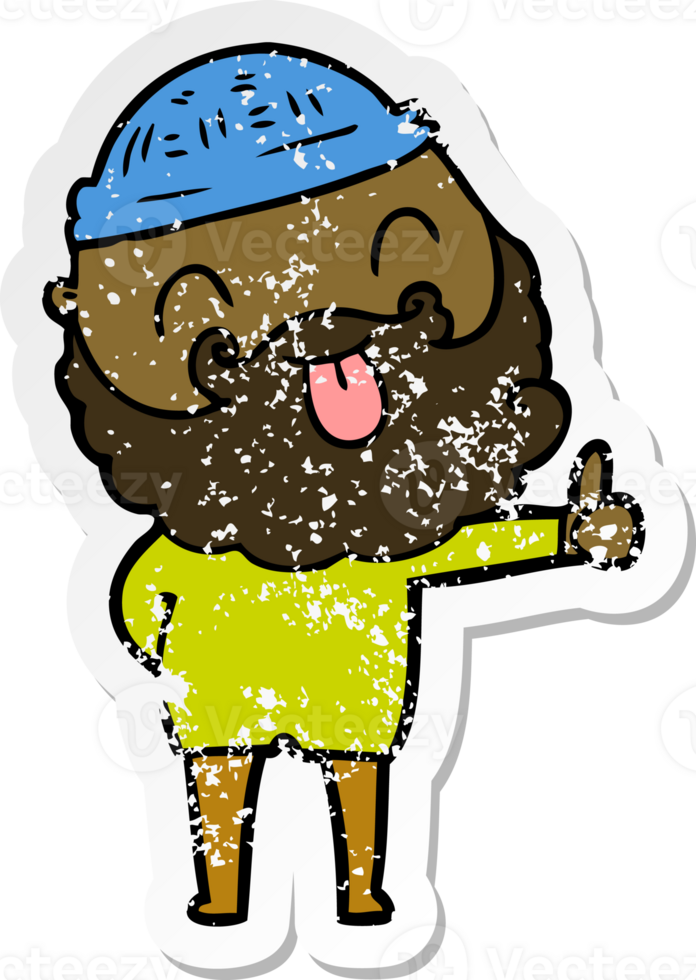 distressed sticker of a man with beard sticking out tongue png