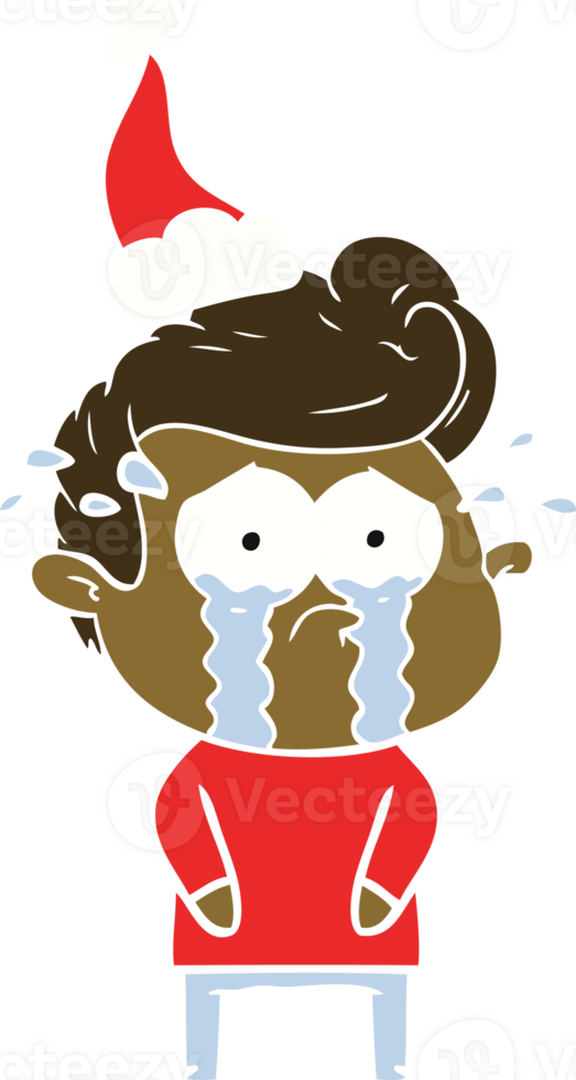 hand drawn flat color illustration of a crying man wearing santa hat png