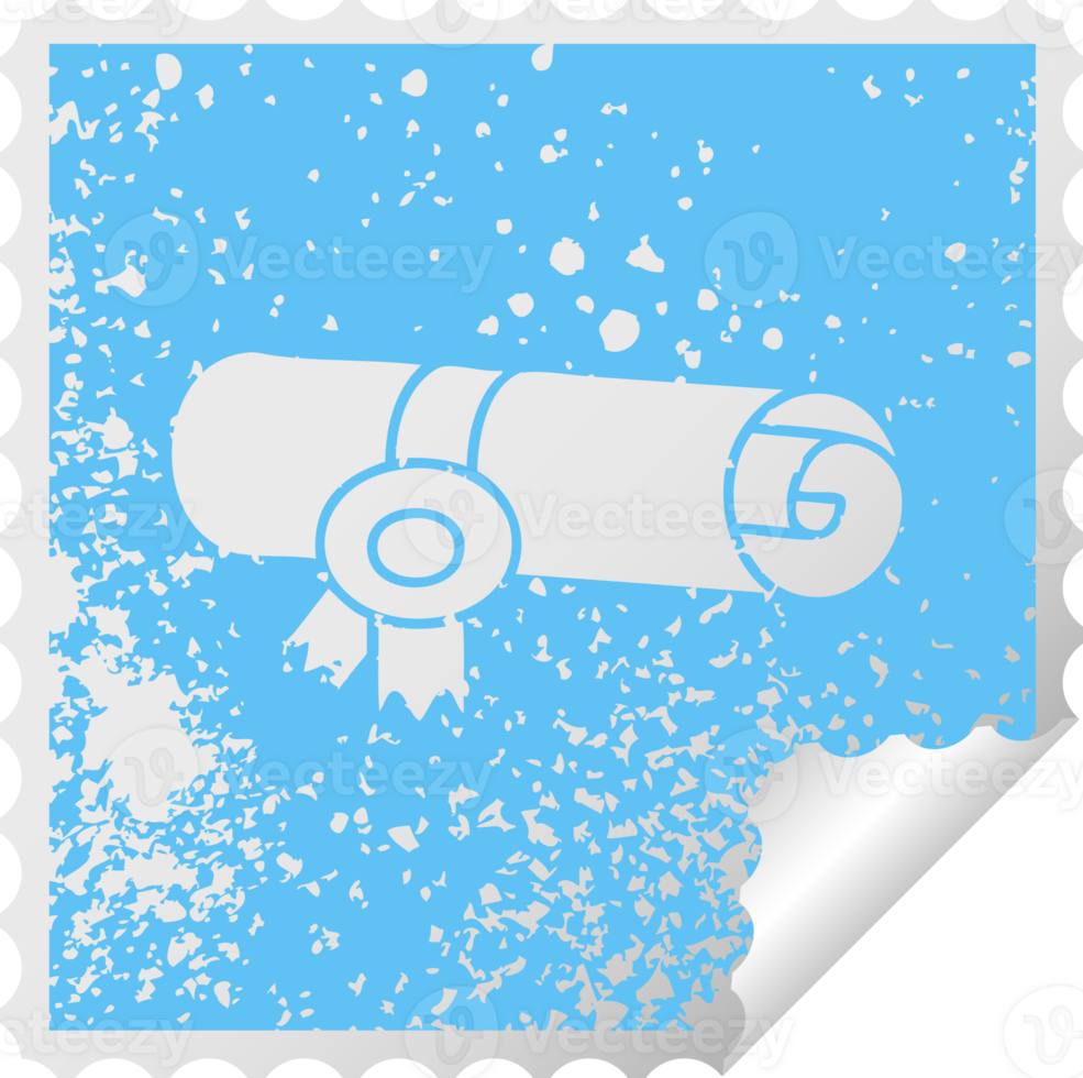 distressed square peeling sticker symbol of a rolled certificate png