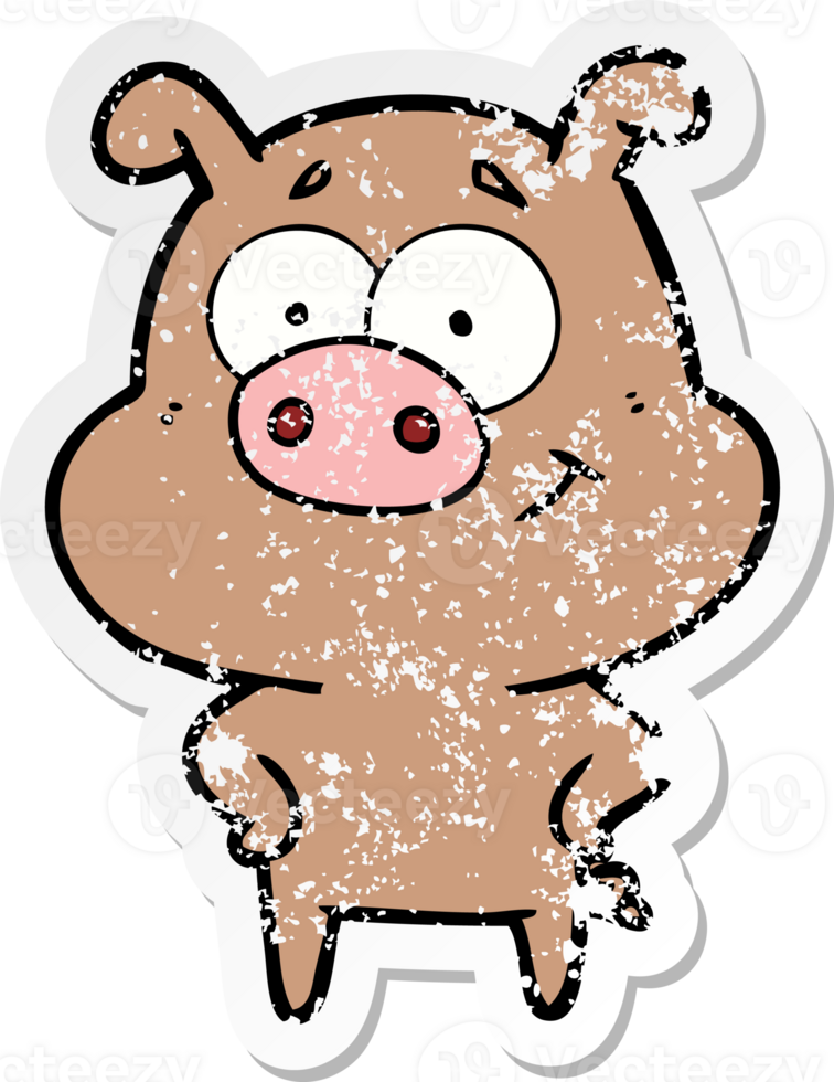 distressed sticker of a happy cartoon pig png