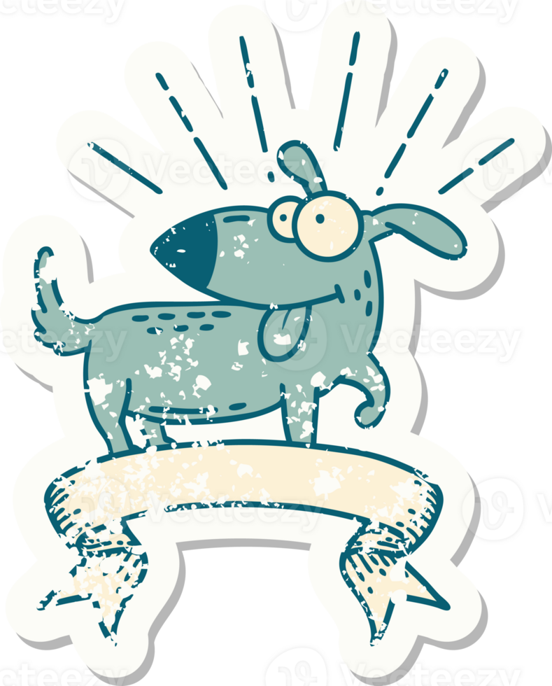 worn old sticker of a tattoo style happy dog png