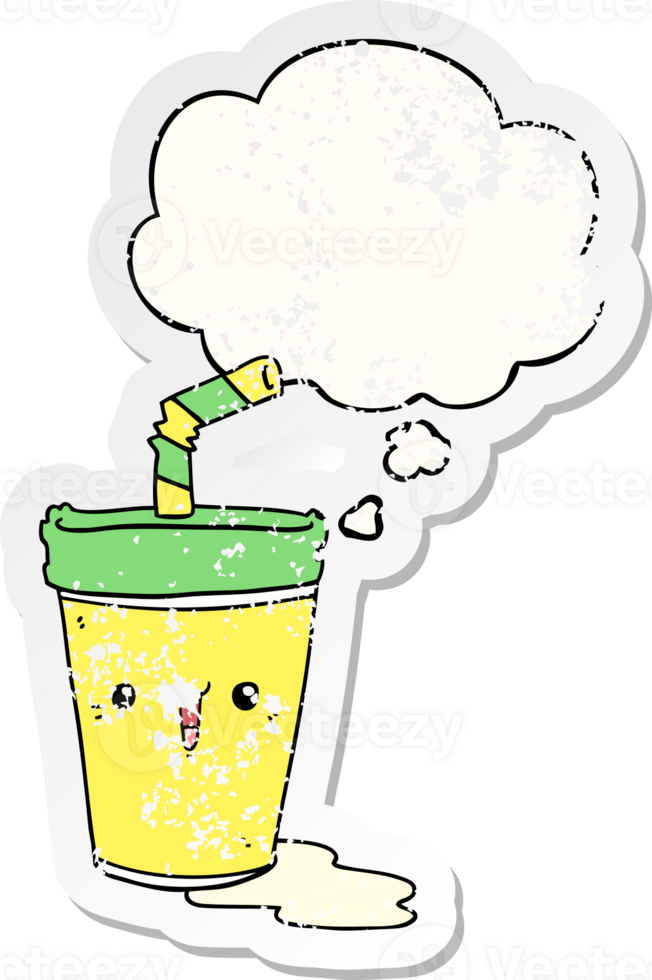 cute cartoon soda with thought bubble as a distressed worn sticker png