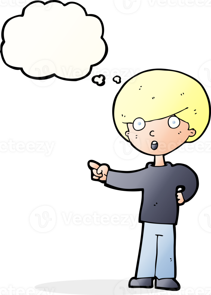 cartoon pointing boy with thought bubble png