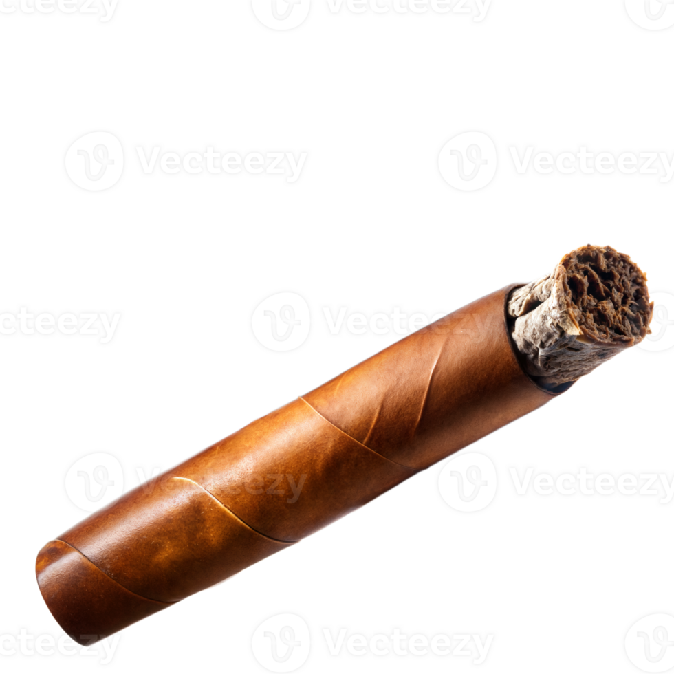 A detailed close-up of a hand-rolled cigar isolated on transparent png