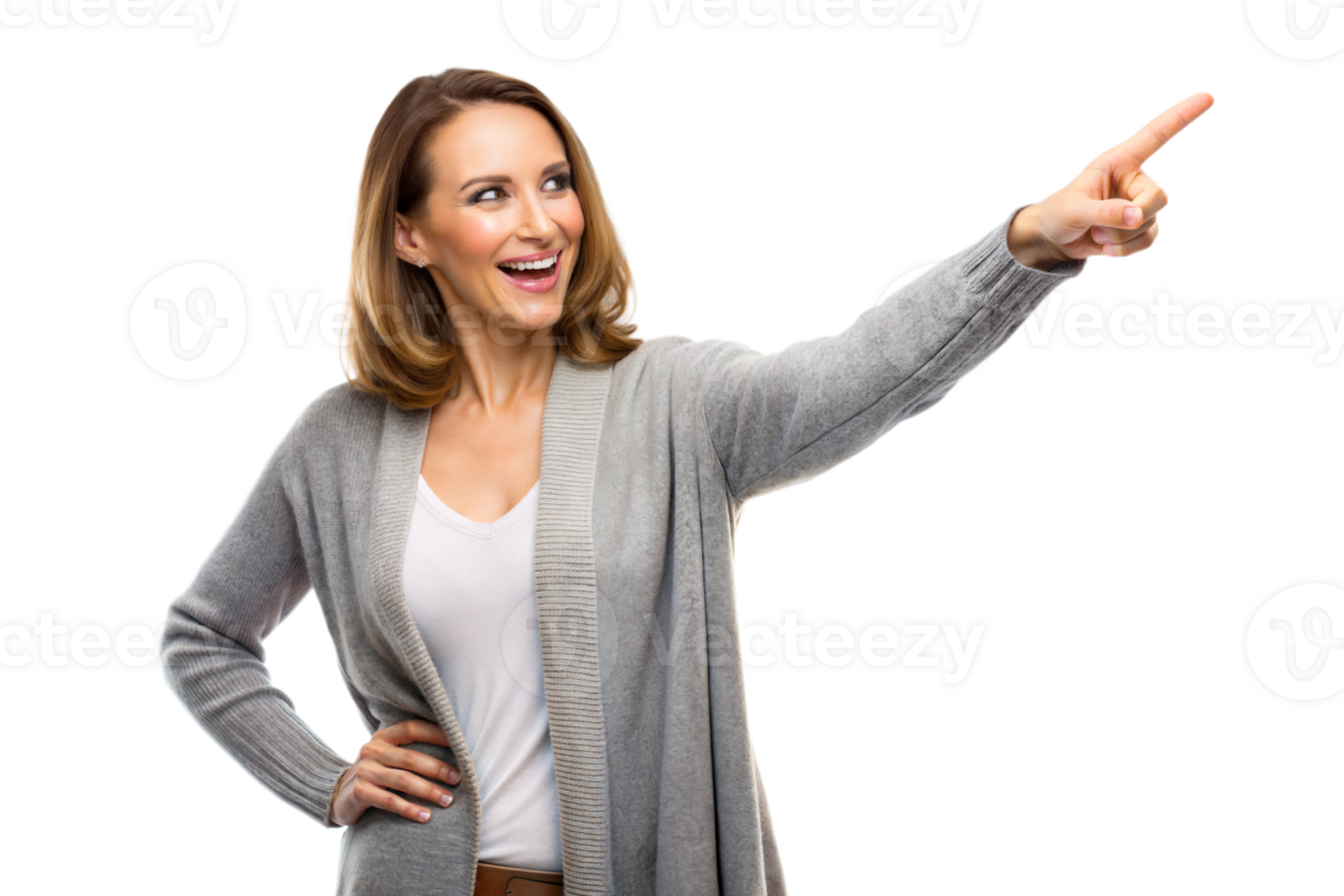 A cheerful woman gestures to something out of frame png