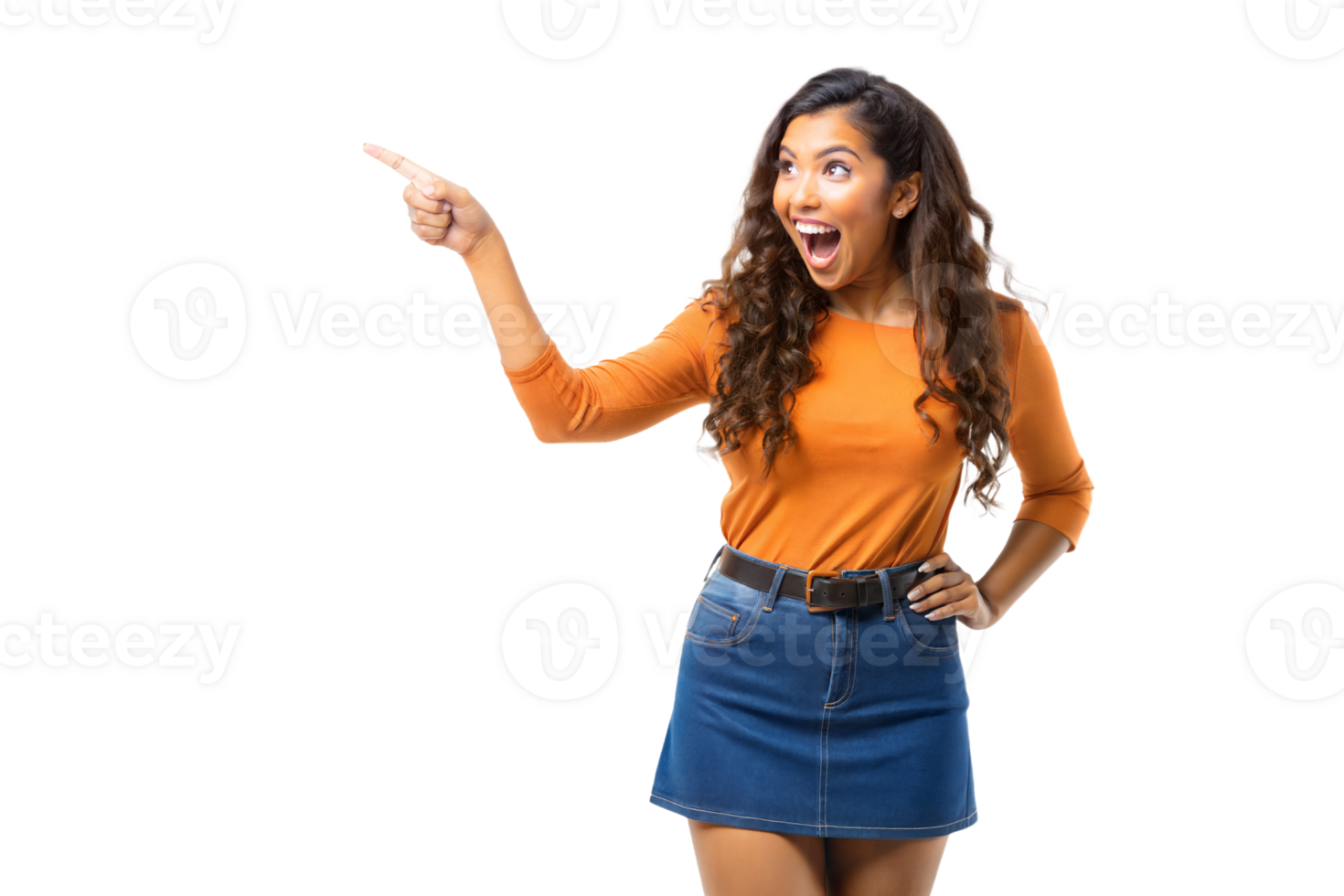 Woman gesturing surprise with a point and wide-eyed expression png
