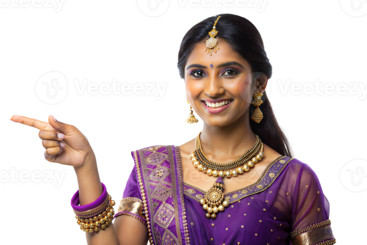 Smiling woman dressed in a sari with jewelry, gesturing to her right png