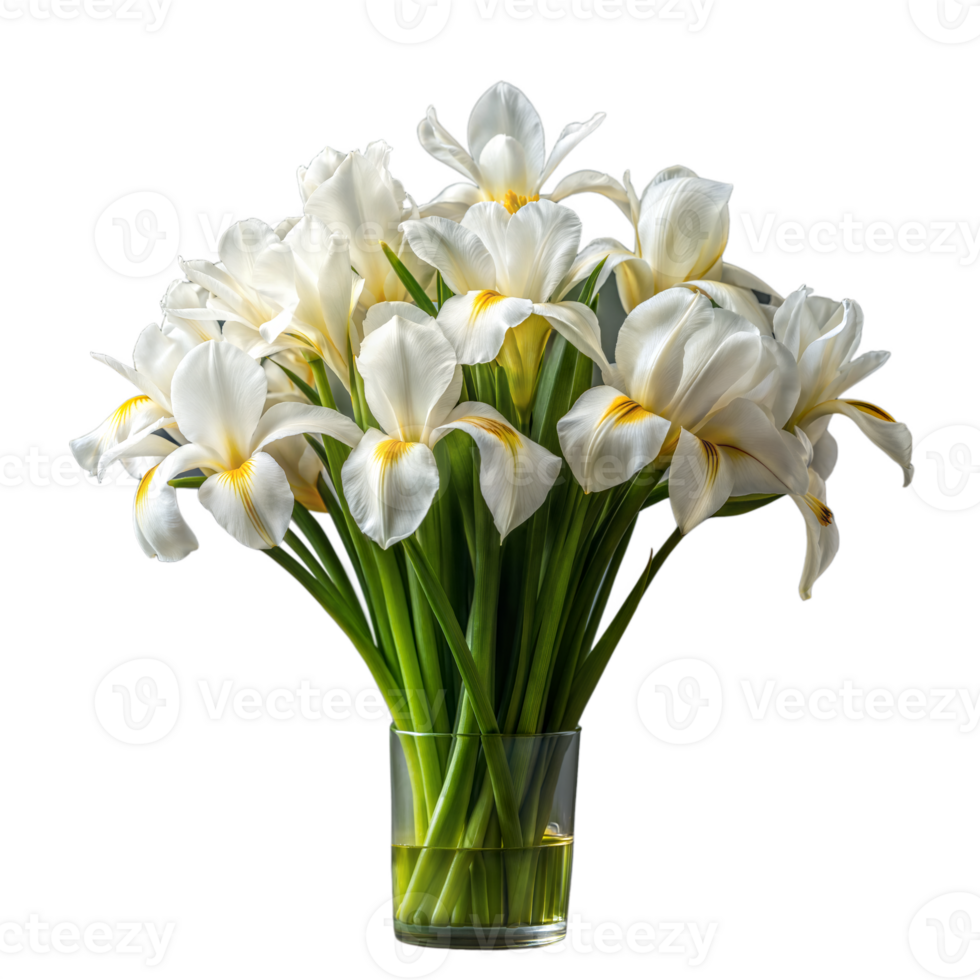 A bouquet of white irises with yellow accents, displayed in a vase png