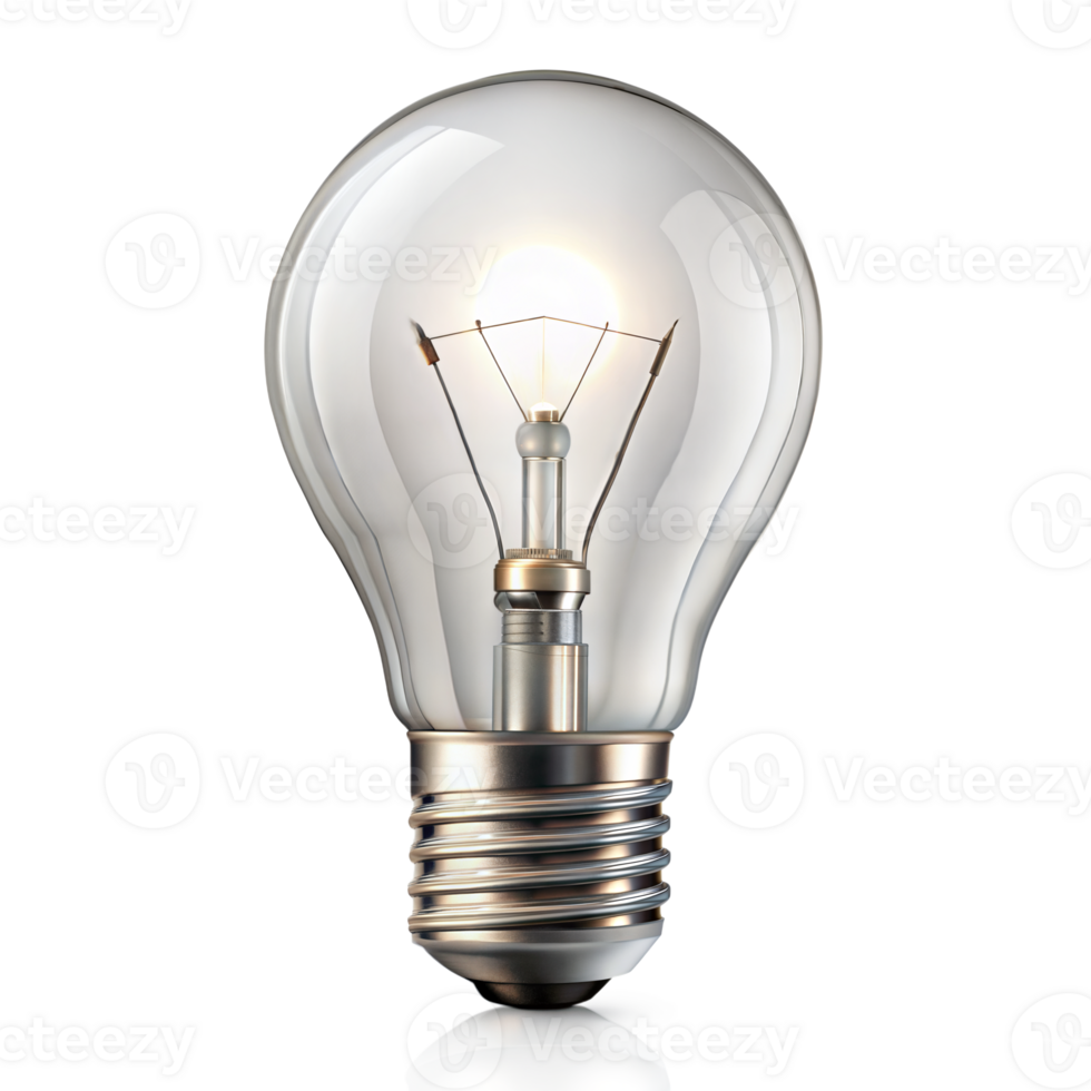 A light bulb is lit up and is sitting on a transparent background png