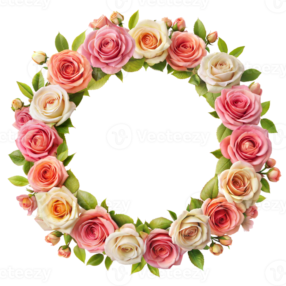 A wreath made of pink and cream roses arranged in a circle png